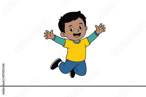 A happy cartoon boy jumping in the air with excitement