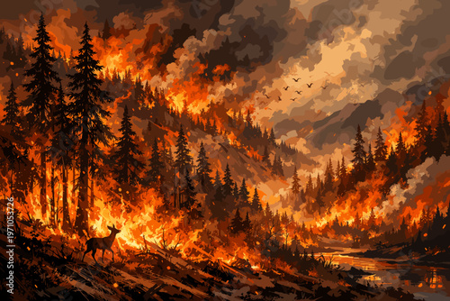 Massive Forest Wildfire with Burning Trees and Smoke Dramatic Environmental Disaster Scene