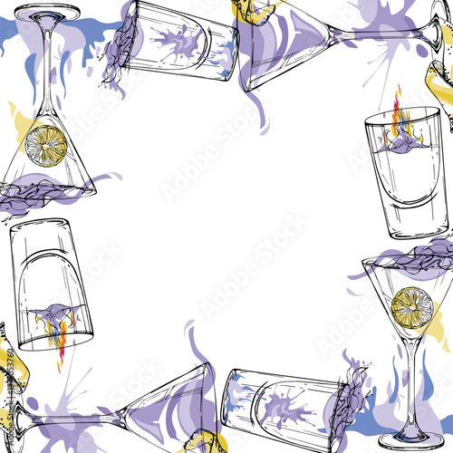 Cool lavender frame with ink silhouettes of martini and shot glasses, subtle flat abstract fills. Burning spirits fire. Hand drawn for social banners, culinary sections, packaging, festive templates.