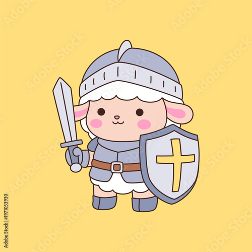 Cute kawaii sheep knight cartoon character standing in ready pose with sword and cross shield