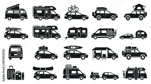 Outdoor Travel  Camping Vehicles Glyph Icons Set with Adventure Gear