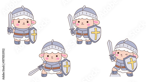 Cute kawaii sheep knight cartoon character set with multiple poses sword and cross shield