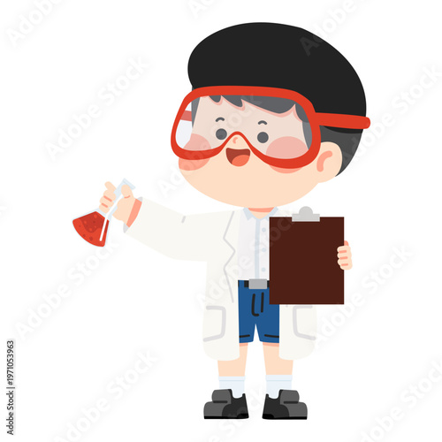 Boy scientist holding flask and clipboard
