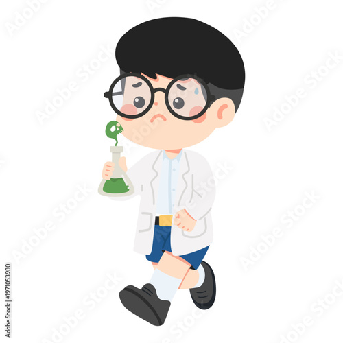 Young scientist holding flask with chemical liquid