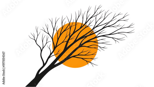 Vector CAD design of bare tree branches against orange sunset