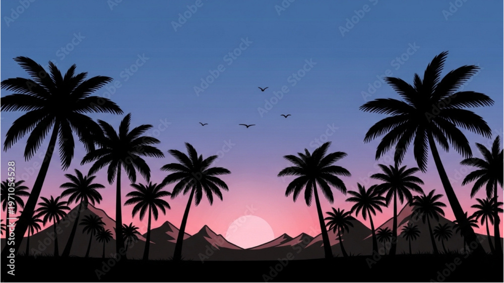 Obraz premium Vector CAD design of palm trees at sunset with mountains