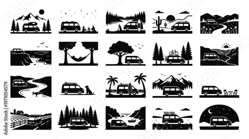 Camper Van  RV Travel Adventure Silhouette Glyph Vector Icons Set