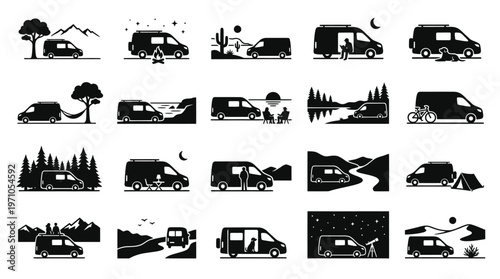 Van Life Camper Van Glyph Icons - Outdoor Travel, Camping  Adventure Silhouette Vector Set