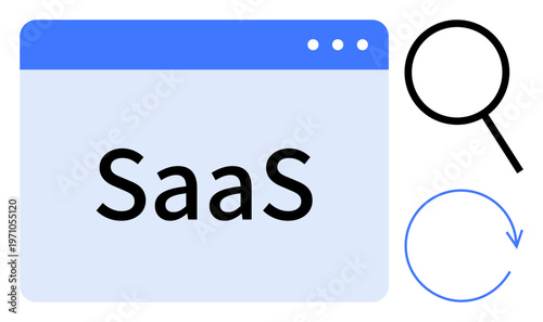 SaaS in a browser window with a magnifying glass for exploration and a circular refresh arrow. Ideal for technology, software, innovation, cloud computing, efficiency, search, updates. Simple flat