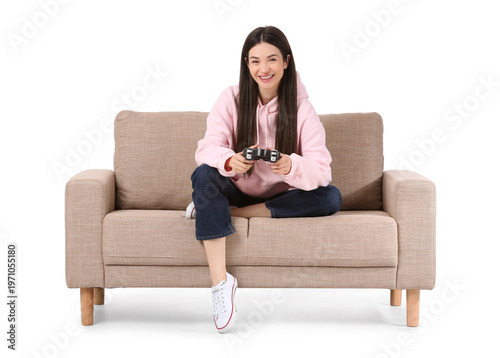 Young woman playing video g...