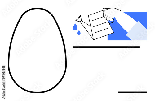 Growth, nurturing, creativity, life development, care, minimalism. Hand pouring water from a watering can near an egg-shaped outline. Growth and nurturing through minimal abstract design