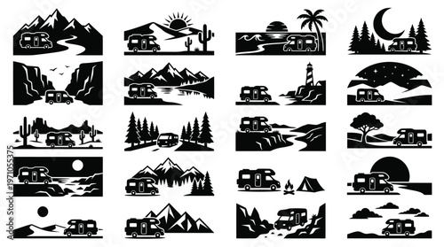 Outdoor Recreation RV Camper Motorhome Silhouette Icon Set - Black and White Travel Adventure Glyphs