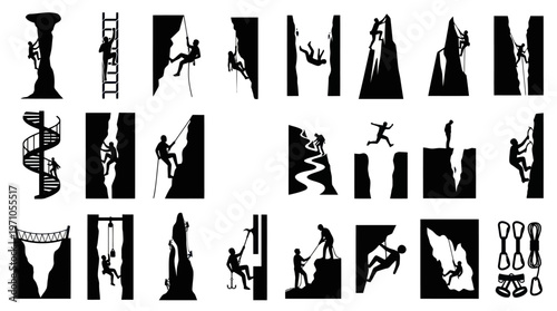 Outdoor Adventure Climbing and Mountaineering Black Silhouettes Vector Icons Collection