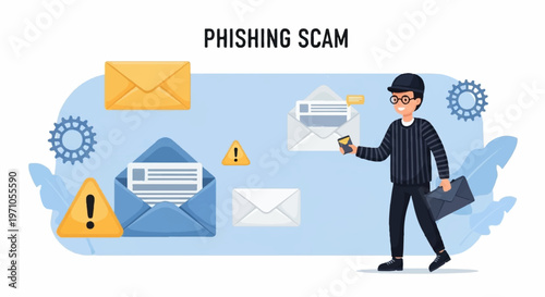 Man walking with briefcase and phishing scam email communication icons