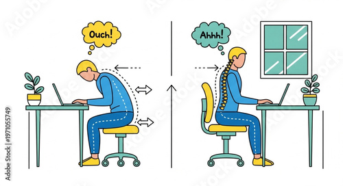 Correct Posture vs Poor Posture at Desk Illustration.