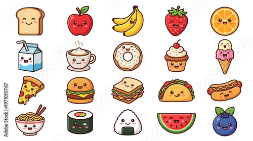 Kawaii Cartoon Food Icon Set - Happy Snacks, Fruits, and Meals Vector Illustration
