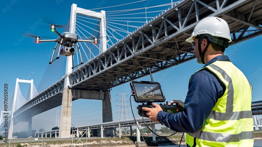 Naklejka premium Professional Technician Using Drone to Inspect Bridge Infrastructure