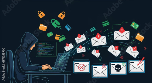 Hacker at desk sending phishing emails with security threat icons