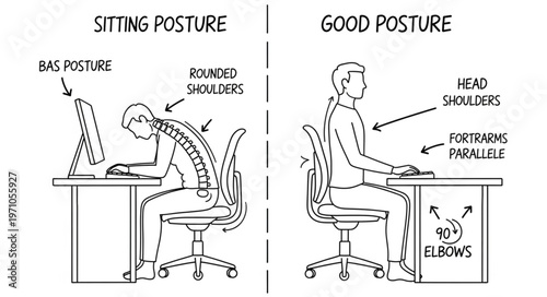 Correct Sitting Posture vs Bad Posture at Desk.