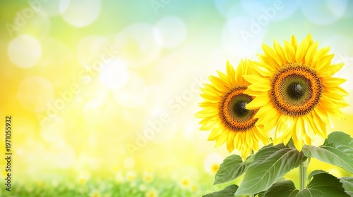 Two Bright Sunflowers in a Cheerful Field with Soft Bokeh, Celebrating the Beauty of Summer