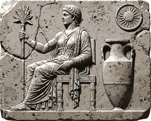 Ancient Greek stone relief sculpture featuring a seated mythological woman holding a staff with a sun symbol and amphora vase for historical museum heritage