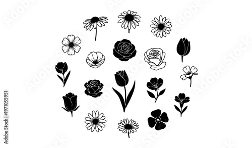Abstract floral silhouette vector set with hand drawn botanical flower icons for logo sticker