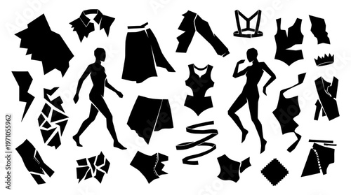 Glyph Black  White Fashion Apparel Icons: Clothing, Models, Textile Design Elements Silhouette Set
