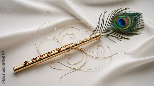 Golden Flute with Peacock Feather on White Fabric