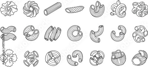 Large collection of hand drawn italian pasta sketches featuring various shapes like penne fusilli macaroni and farfalle for restaurant menu design and culinary art
