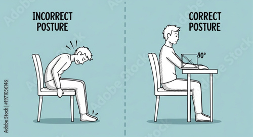 Correct vs Incorrect Posture Illustration for Sitting at a Desk.