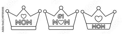 Mother’s Day Crown Coloring Page Outline Vector Template Set.
Queen Mom Crown Simple Line Art  Clipart.
White background. svg.