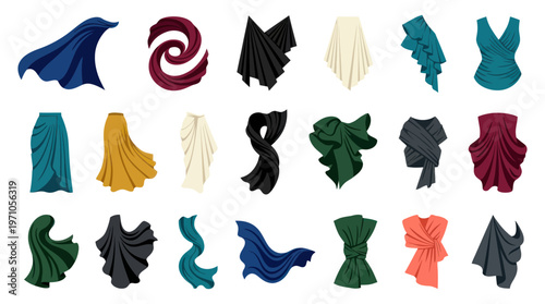 Textile Design Flat Vector Illustrations of Fabric Drapes and Clothing Elements