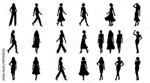 People and Fashion: Diverse Women Vector Silhouettes Set in Various Poses