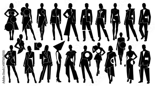 Geometric Fashion Silhouettes Vector Collection - Abstract Black  White Male  Female Models