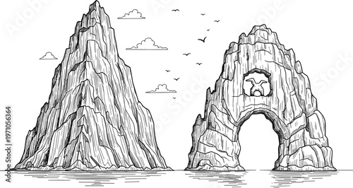 Set of hand drawn mountain island sketches featuring high rocky cliffs and a natural stone archway in the ocean for travel and adventure design