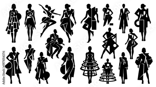 Abstract Geometric Fashion Models Silhouettes. Modern Clothing Design Glyphs Vector Set.