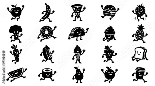 Running Food and Drink Cartoon Glyph Icons Set - Active Healthy  Unhealthy Characters
