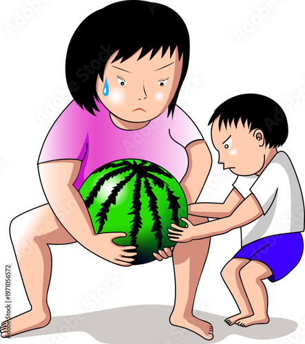 子供とスイカを運ぶお母さん