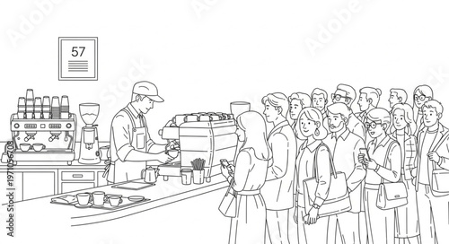 Crowd waiting in line at a busy market stall.