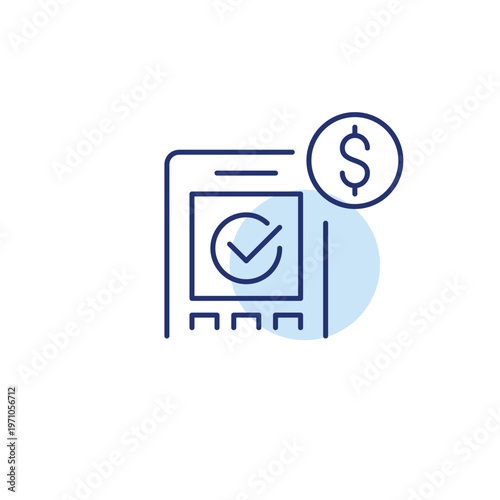 NFC payment terminal with checkmark and dollar sign. Transaction approved. Pixel perfect, editable stroke vector icon