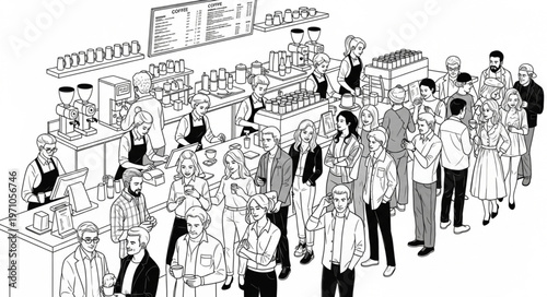 Crowded Supermarket Aisle with Shoppers and Products.