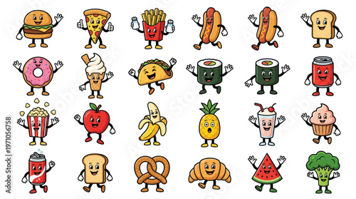 Cute Cartoon Food Characters Collection: Burger, Pizza, Sushi, Fruits  Snacks Icons