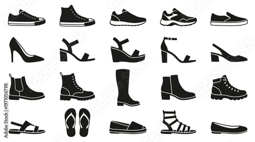 Footwear Fashion Shoe Collection Icons - Black and White Silhouette Glyph Set