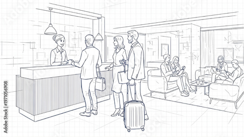 Guests Checking In with Receptionist Assistance, Architectural Sketch Style, White Background, 3 Elements
