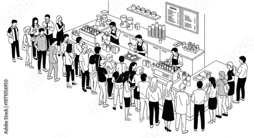 Crowded Supermarket Aisle with Shoppers and Products.