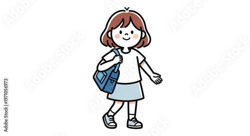 Cute cartoon girl with a blue bag walking happily.
