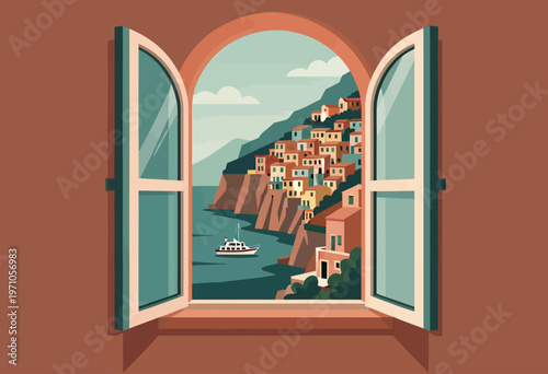 Beautiful illustration of an open arched window looking out at a stunning cityscape at sunset for romantic travel concepts and elegant interior decor design.