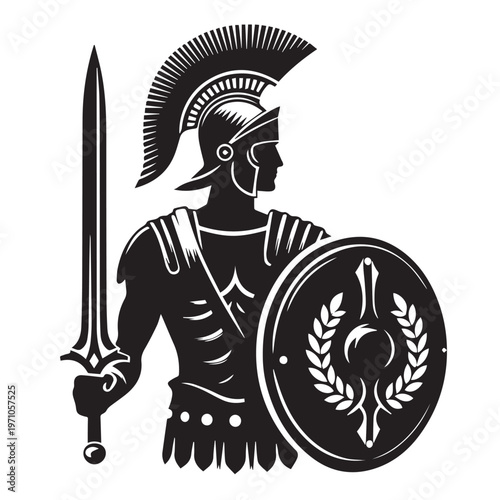 Black and white silhouette vector of a Roman soldier standing with a spear and shield in a bold, graphic illustration.