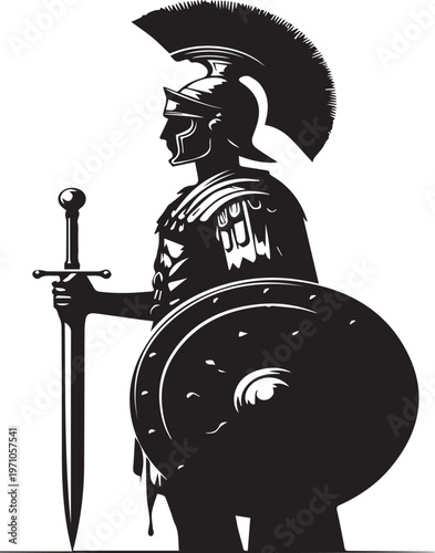 Black and white silhouette vector of a Roman soldier standing with a spear and shield in a bold, graphic illustration.