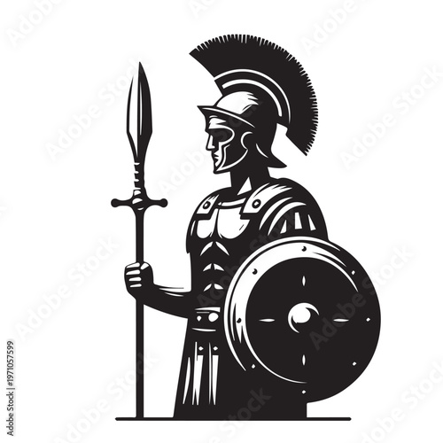 Black and white silhouette vector of a Roman soldier standing with a spear and shield in a bold, graphic illustration.